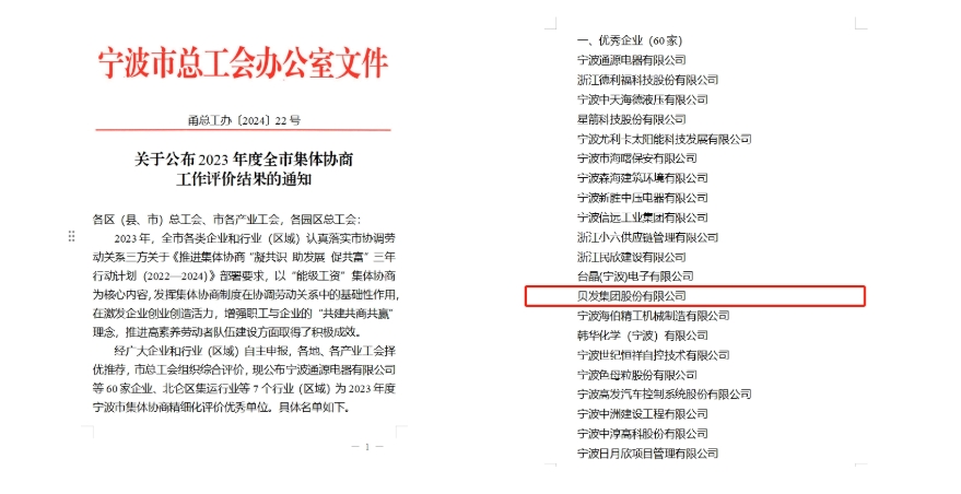 喜訊丨貝發(fā)集團(tuán)榮獲寧波市集體協(xié)商精細(xì)化示範單位稱(chēng)號(hào)